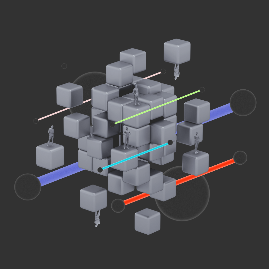 3D visualization of connected data blocks and human figures representing AI, media connectivity, and modern marketing strategy.